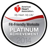 American Heart Association badge for "Fit Friendly Worksite Platinum Achievement 2014"