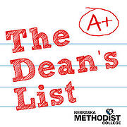 Text reading "The Dean's List" placed on lined notebook paper with a circled "A+" in the upper right hand corner and the Nebraska Methodist College logo in the bottom right corner