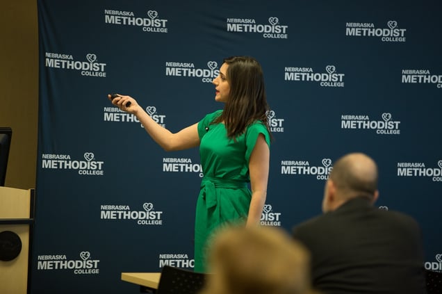 Aileen Strickland speaking at Nebraska Methodist College