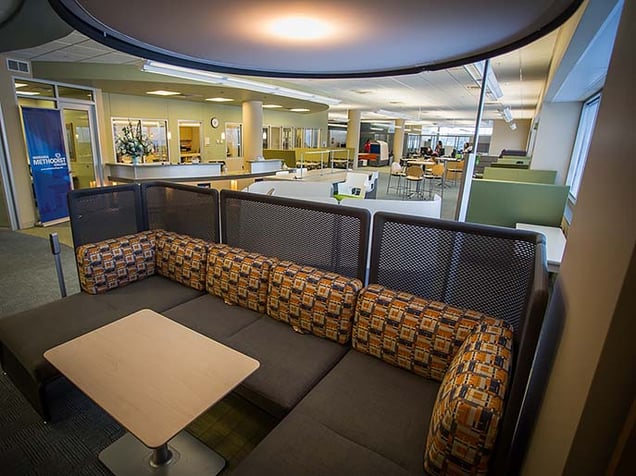 Nebraska Methodist College's New Student Engagement Center, featuring couches, pods and tables meant for studying and collaborating