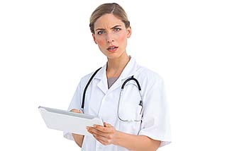 A nurse holding a clipboard with a confused expression on her face