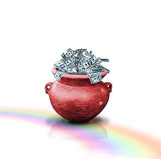A pot of money sitting on top of a rainbow