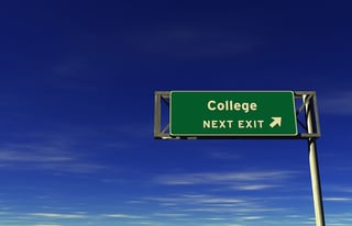 A road sign reading "College. Next Exit"