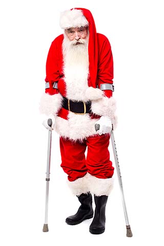 Santa Claus propped up on crutches