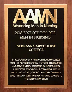 Closeup of the AAMN 2018 Best School for Men in Nursing Award presented to Nebraska Methodist College.