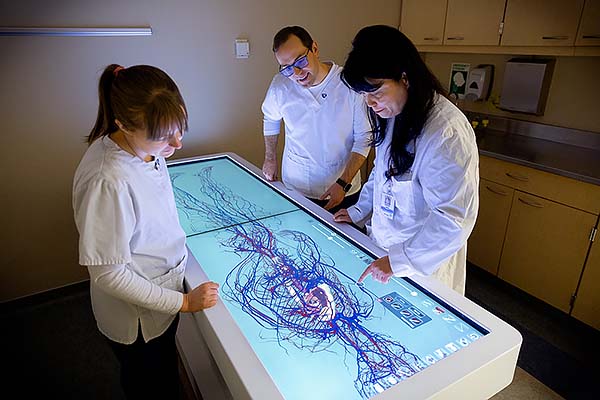 NMC professor Sophie Feng shows nursing students Hannah Snow and Nathan Johnson how to explore the circulatory system on the Anatomage table.