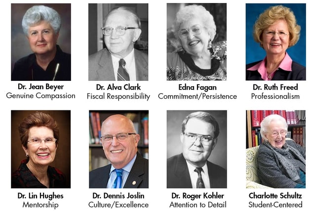 Headshots of eight Methodist mentors: Jean Beyer, Alva Clark, Edna Fagan, Ruth Freed, Lin Hughes, Dennis Joslin, Roger Kohler, and Charlotte Schultz. 