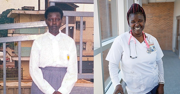Side-by-side snapshots of Anna bring out the underlying change she went through from wearing her high school uniform in Uganda to her student nurse scrubs at NMC.