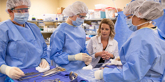 Surgical Technology Simulation in which three surgical technicians are simulating a surgery with the professor observing