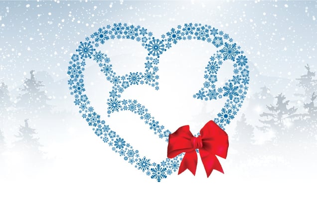 The NMC heart and dove logo constructed of snowflakes and topped off with a red bow